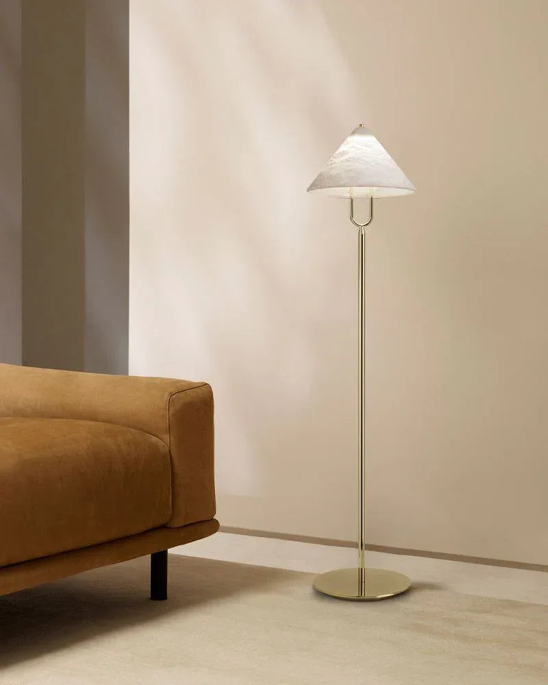 Fuji Aluminum Golden Rod LED Cone Alabaster High Floor Lamp H 55" Modern Designer Floor Lamp