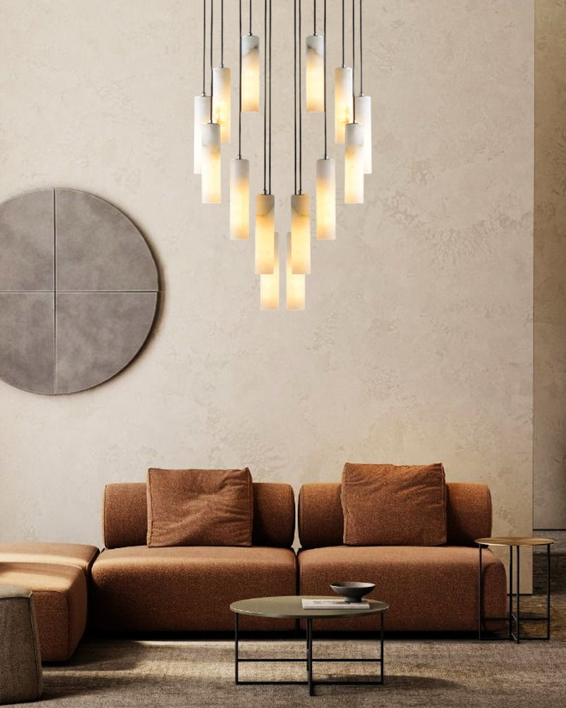 12 lights Tubular White Alabaster Slope Ceiling Pendant Cluster Lighting Brushed Brass