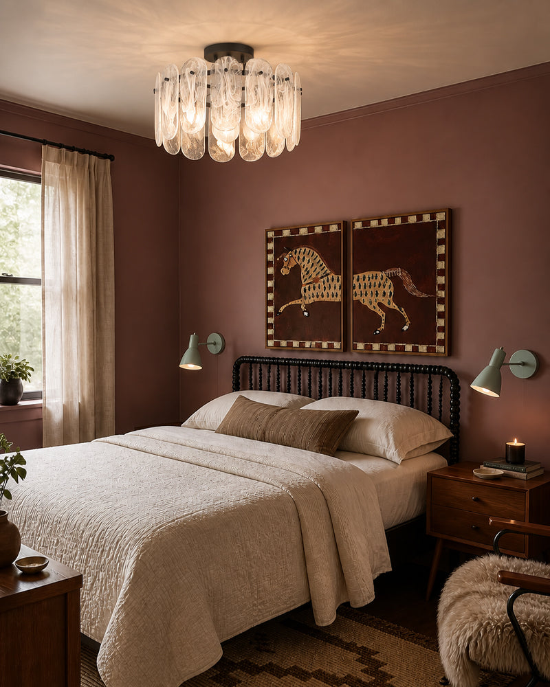 Etienne Glass Petal and Gold Trim Drum Ceiling Light - Semi Flush Mount, Lux Gold Trim - Bedrooms, Living Rooms & Dining Rooms