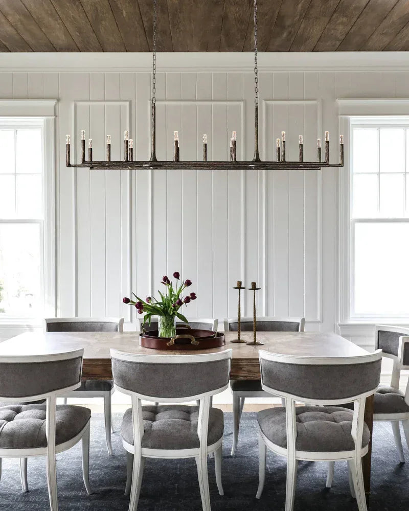 Thod Hand-Forged Iron Linear Chandeliers Black Wide 54" 72" 95" for Dining table American Vintage chandelier lamp