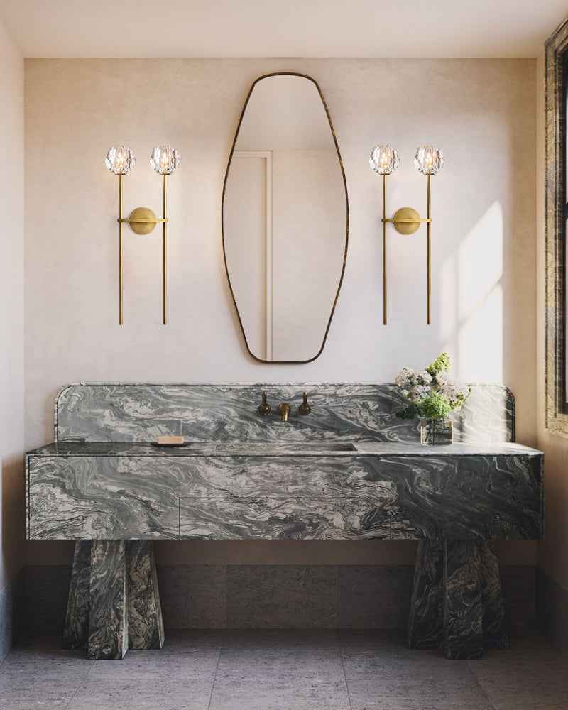 Boulede Series Prismatic Wall Sconce | Faceted Orb Hand-ground and polished faceted crystal, Luxury Black and Brass finish for Bathrooms and Vanity areas Flush Mounted Wall Sconce Lamp