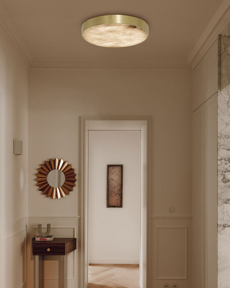 brass ceiling light fixture with marble shade