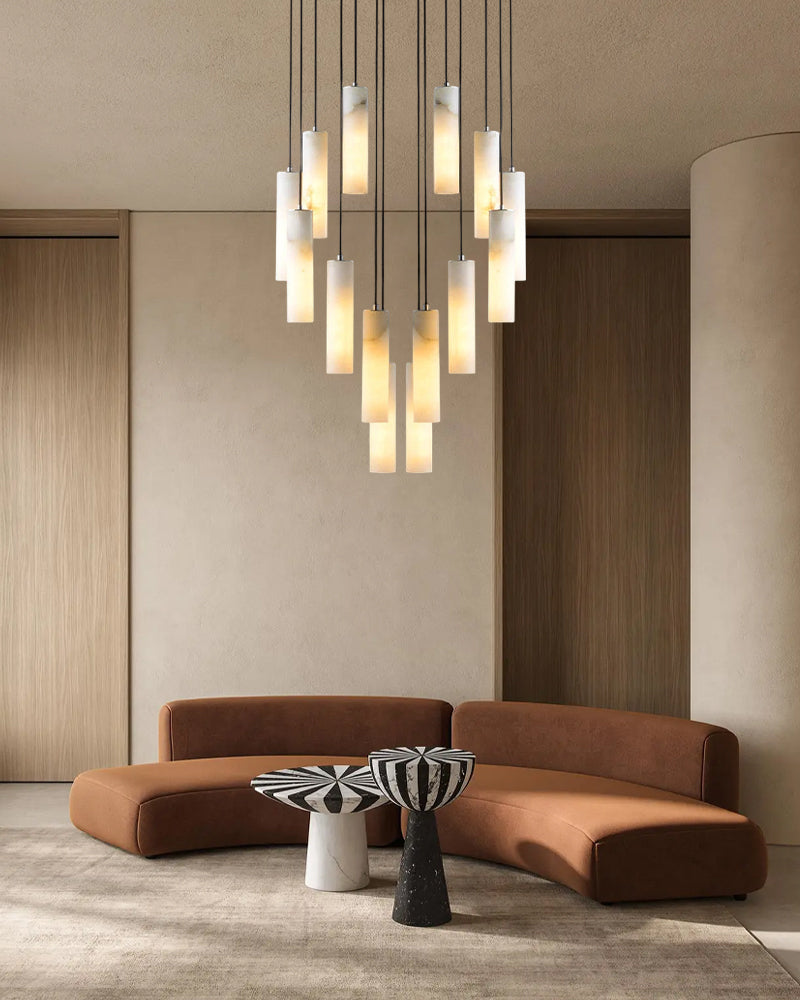 12 lights Tubular White Alabaster Slope Ceiling Pendant Cluster Lighting Brushed Brass