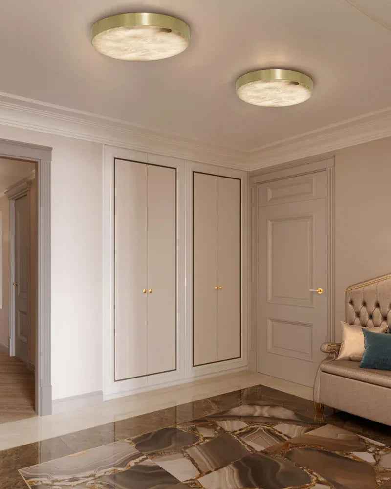 Knokke Series Geometric Flush Mount Ceiling Light | Alabaster Disc Hand-honed translucent stone and solid satin brass, Satin Brass finish for Bedrooms, living rooms, and hallways Modern Ceiling lamp