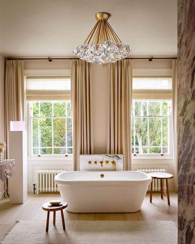 LightsStory Series Refractive Ceiling Light | Round Crystal Orbs Hand-ground faceted crystal orbs, Black and Brass finish for Bathroom Vanities and Modern Interiors Modern Ceiling lamp