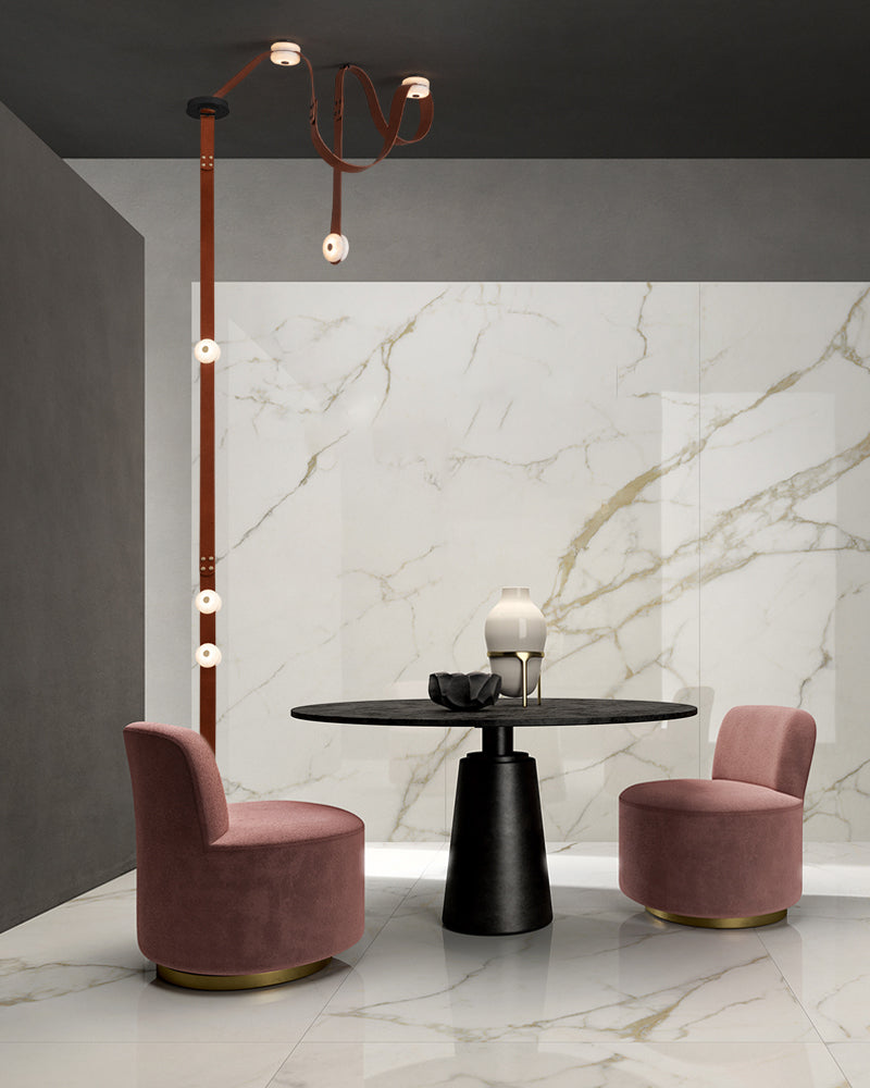 Hubbardton Forge Snaps Small LED Floor-to-Ceiling Light in Brown Leather Finished