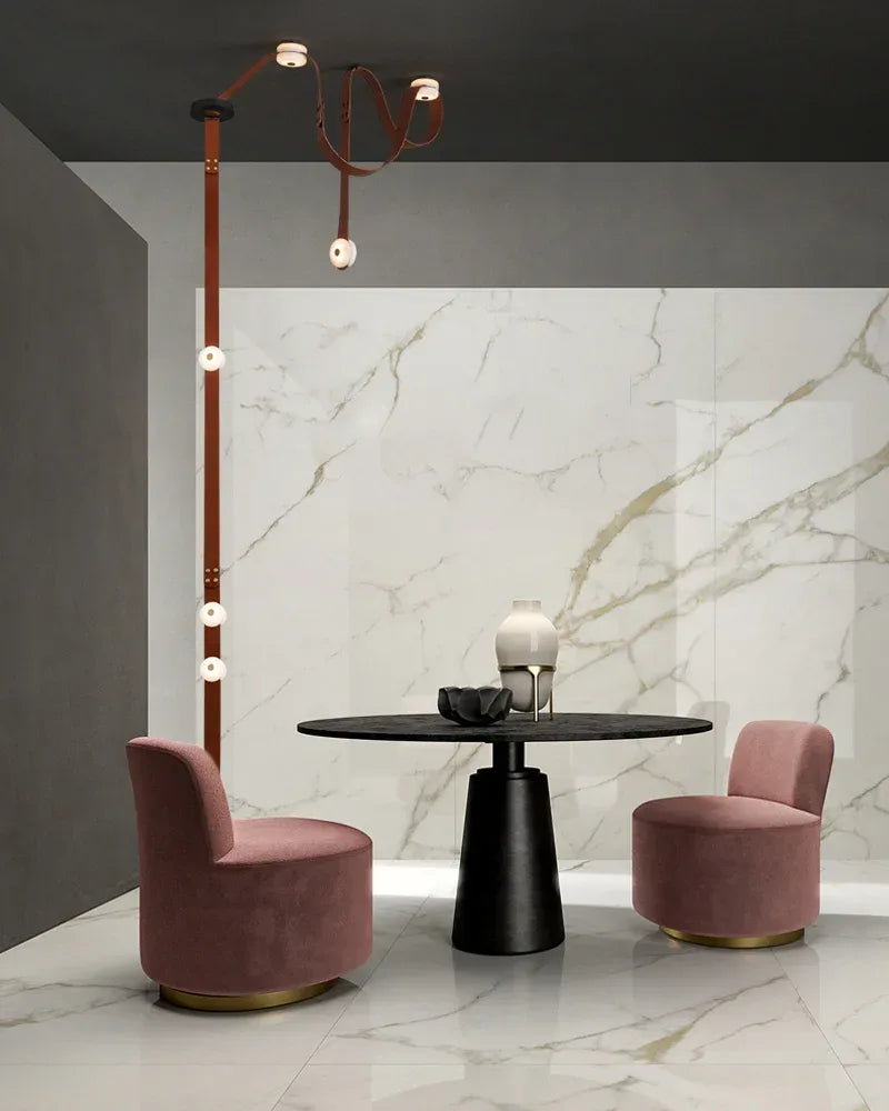 Hubbardton Forge Snaps Small LED Floor-to-Ceiling Light in Brown Leather Finished American standing floor lamp