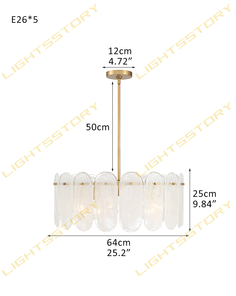 Etienne Glass Petal and Gold Trim Drum Pendant Light - Lux Gold Trim Downrod - Dining Rooms & Living Rooms