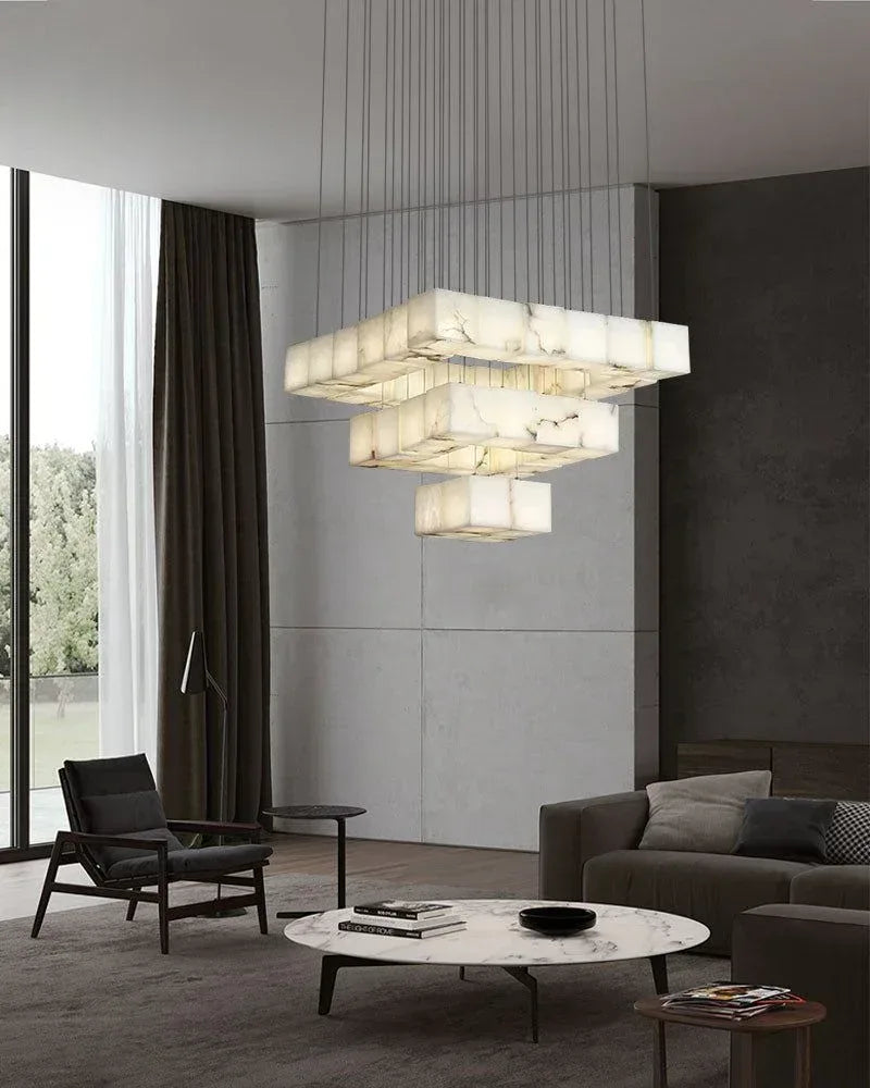 25-light Cluster Alabaster Pengdant Lighting for high ceiling lobby | Mini Cube Shaped Modern Pendant lamp