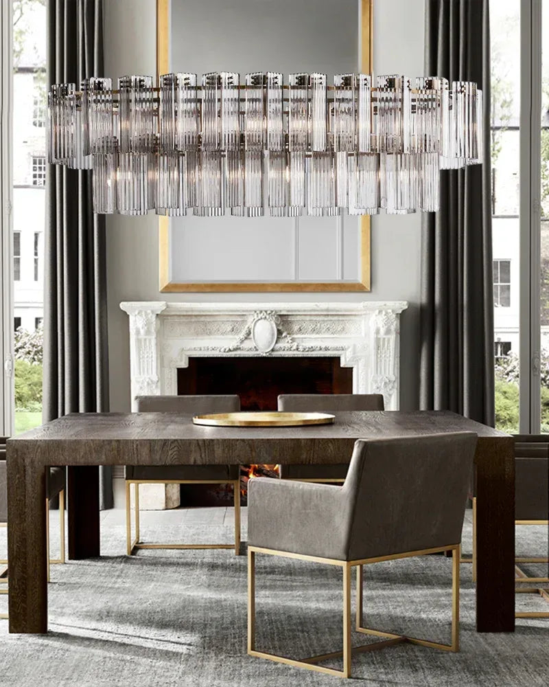 Art Deco-Inspired 2-Tier Oval Clear Smoke Glass Big Chandelier | Brushed Black/Brass Steel American chandelier