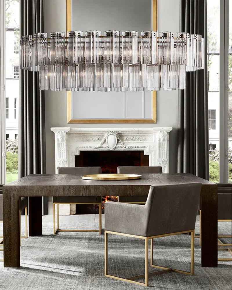 Saint-Cirq Series Refractive Chandelier | Rectangular Tier Reeded Clear and Smoke Glass Panels with Steel, Brushed Black or Brass for Dining Rooms and Entryways American chandelier