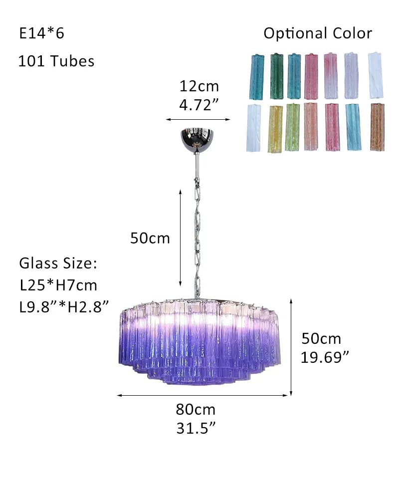 Modern Colored Murano Purple Glass Tube Tronchi Chandelier P-D80*H50CM D31.5"*H20"(101 tubes) Purple Glass + Silver Frame American chandelier