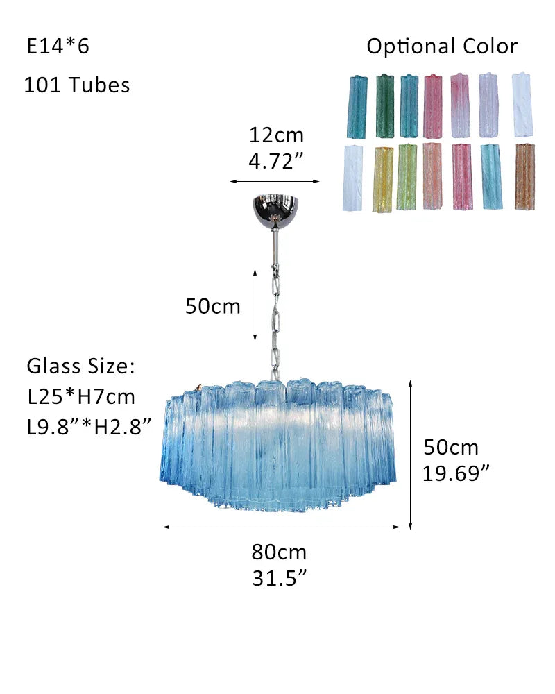 Elegant Murano Hand-blown Blue Glass Tube Multi-Tier Chandelier in Silver Frame P-D80*H50CM D31.5"*H20"(101 tubes) Blue Glass + Silver Frame American chandelier