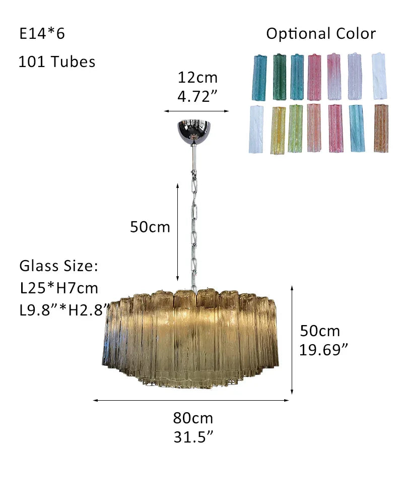 Luxury Tiered Smoked Glass Tube Murano Chandelier in Chrome Frame P-D80*H50CM D31.5"*H20"(101 tubes) Smoked Glass + Silver Frame American chandelier