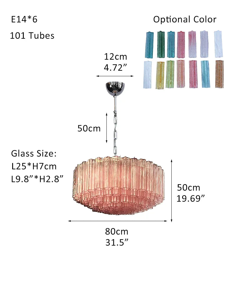 Italian Tronchi Luxury Large Multi-Tier Murano Pink Glass Tube Chandeliers P-D80*H50CM 31.5"*H20"(101 tubes) Pink & Silver American chandelier