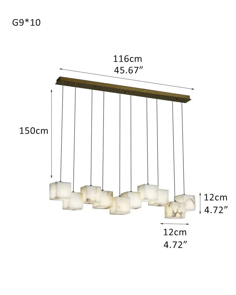 Square Alabaster Shade LED Cluster Linear Pendant Lamps 12 lights over American dining table 10-light-D12*H12cm D4.72*H4.72" White + Brass Modern Pendant lamp