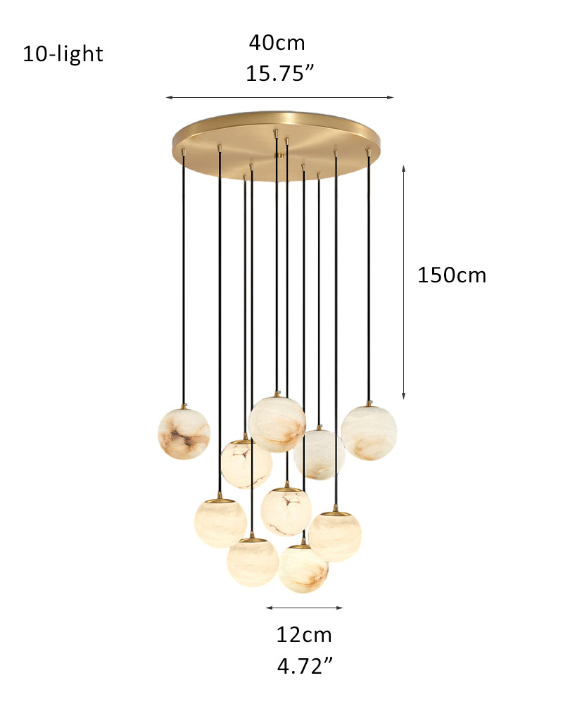 10-light marble pendant lamp cluster with gold mount, 12cm orbs, and 150cm height