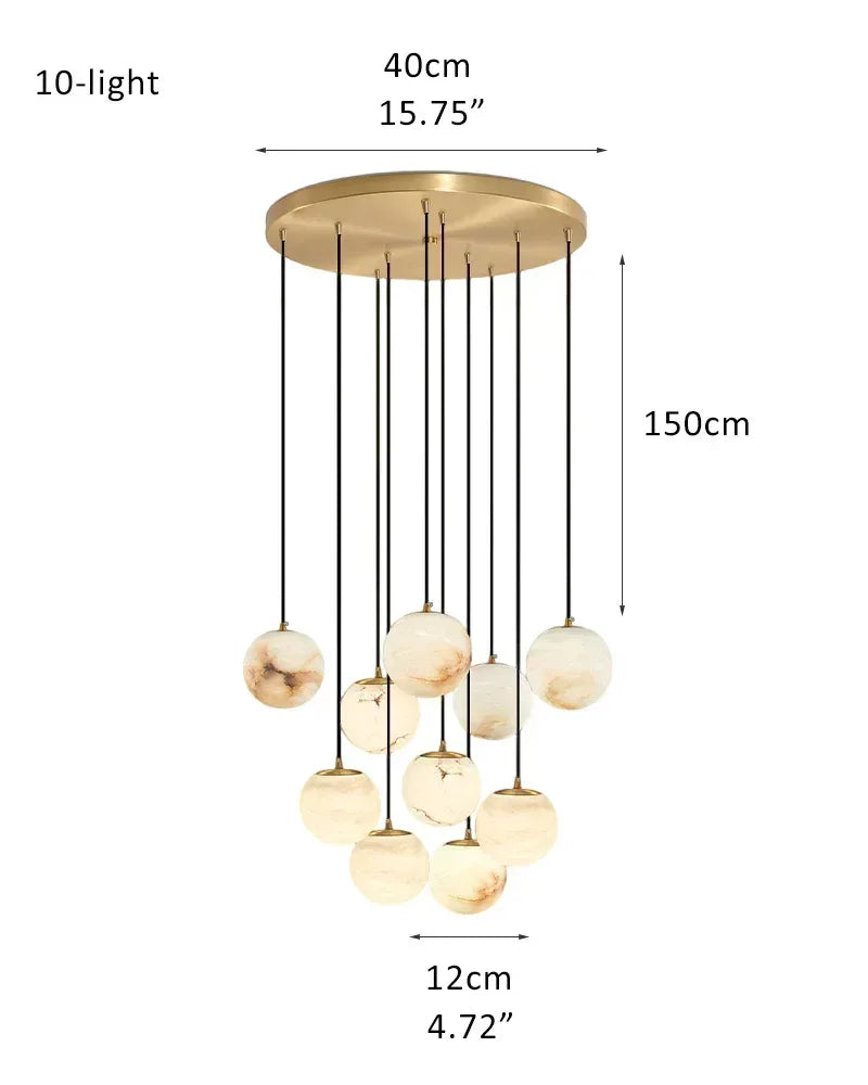 16-light Cluster Alabaster Globes Ceiling Staircase Pendant Lighting with adjustable cord 10-light-D12cm D4.72" White + Brass Modern Pendant lamp