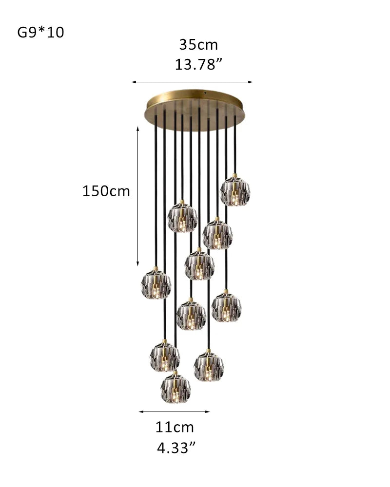 LightsStory Series Prismatic Pendant Chandelier | Spherical Solid brass and hand-faceted crystal, Hand-polished finish for Modern dining rooms and minimalist living spaces 10 light-D11cm D4.33" Smoky + Gold Modern Pendant lamp