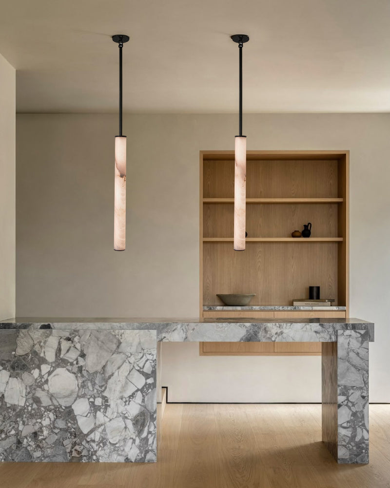 Modern Minimalist Cylinder LED Pendant Lamp Brass/Black Adjustable Pole| Natural Marble