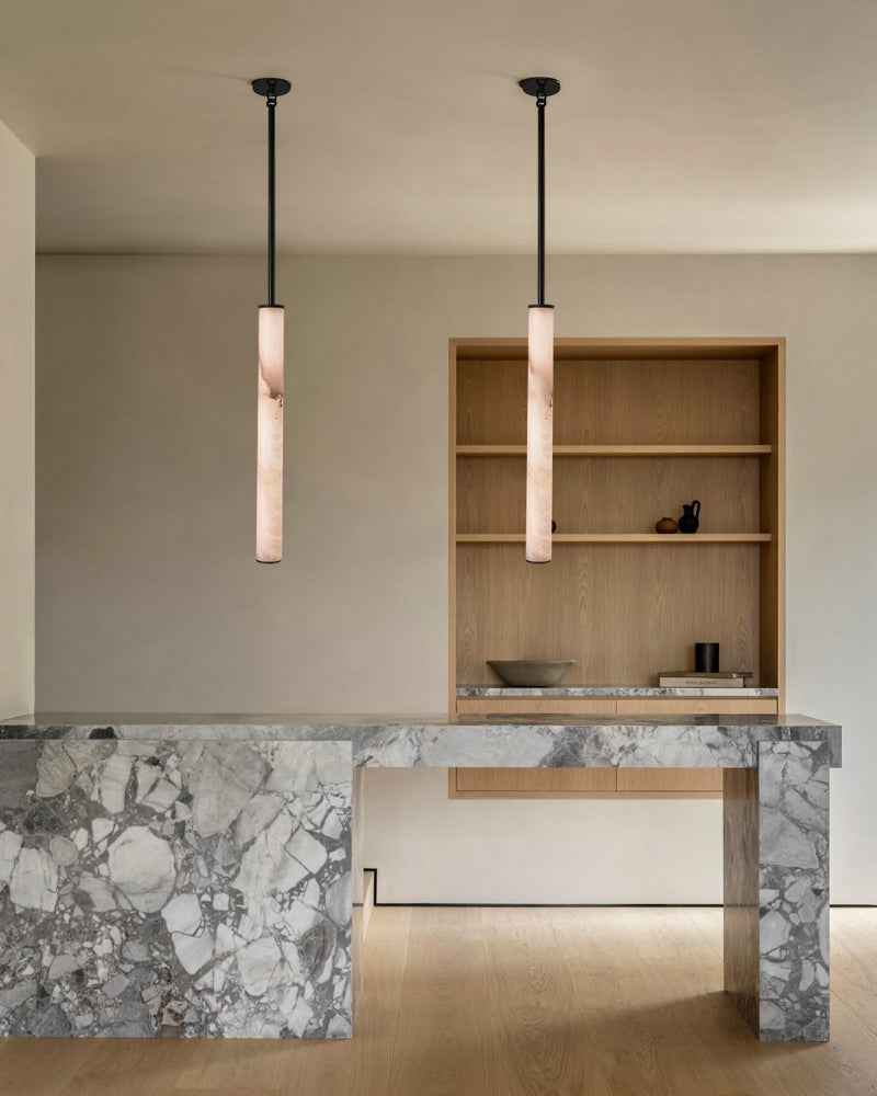 Capri Series Geometric Pendant Light | Cylindrical Linear Handcrafted Solid Natural Marble, Oxidizing Copper Accents for Dining Tables and Kitchen Islands Modern Pendant lamp