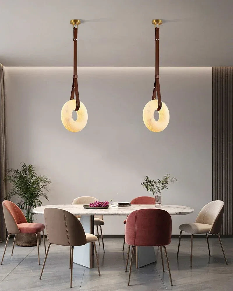 American Coastal LED Round White Marble Pendant Lighting with Brown Leather Belt American chandelier