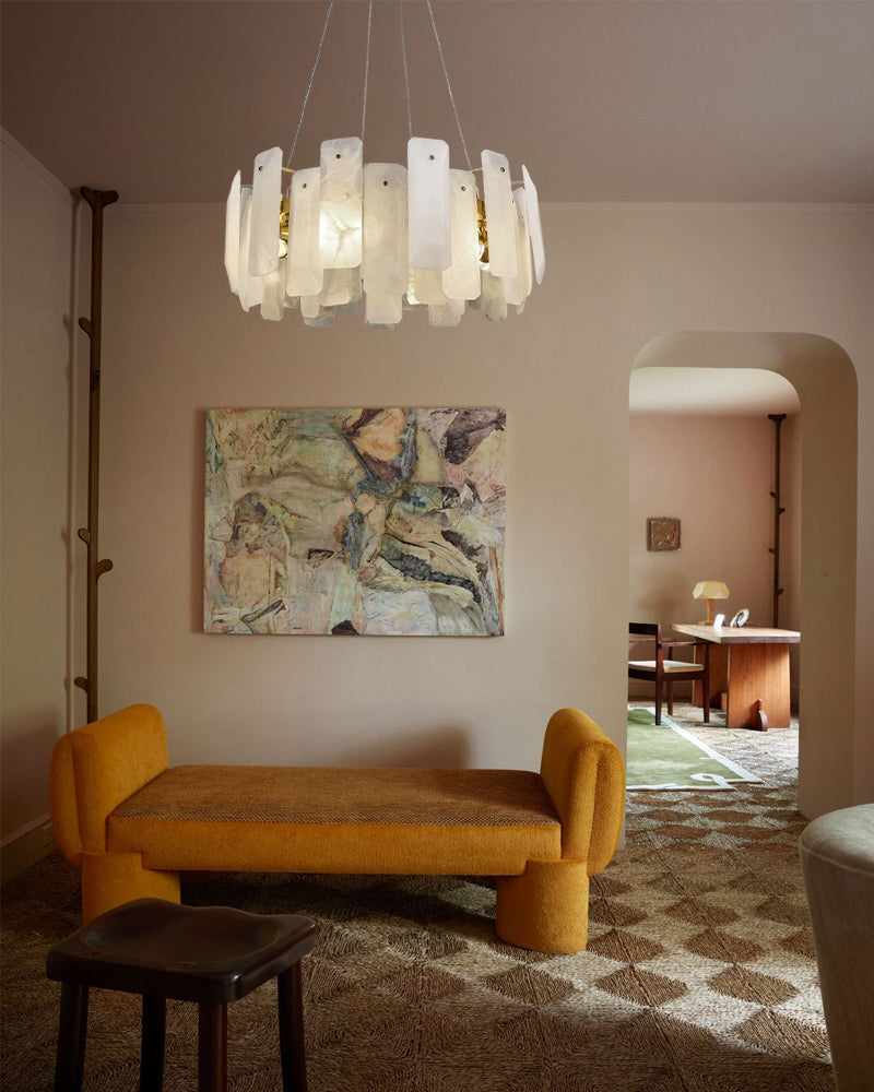 Modern Round Alabaster Living Room Chandelier in Brass/Black Frame Wide 20" 32" 48" 60" Luxury Modern Chandelier
