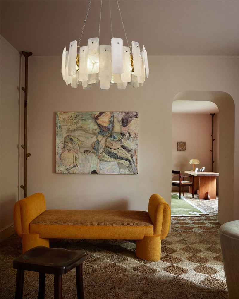 LightsStory Series Geometric Chandelier | Circular Smooth Natural Alabaster, Brass and Black frame with copper accents for Living Rooms and Dining Spaces Luxury Modern Chandelier