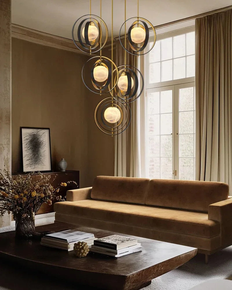 Modern Alabaster Round Chandelier Pearl - Gold & Bronze Rotatable Ring Highlight Finish Modern Pendant lamp