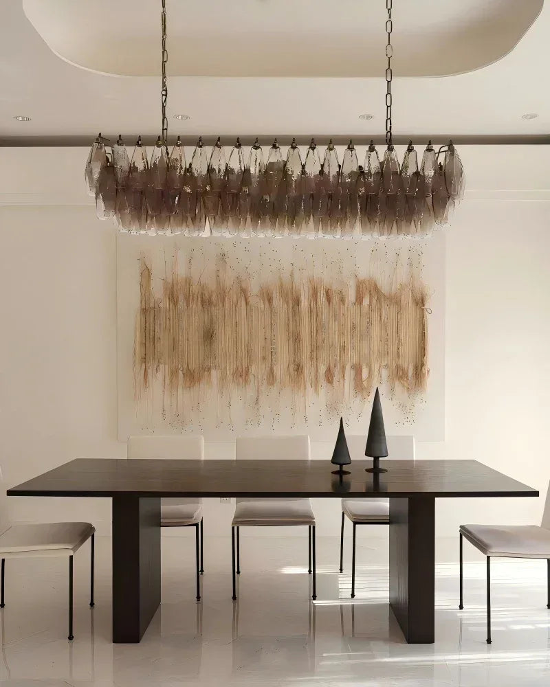 LightsStory Series Ethereal Chandelier | Rectangular Poliedri Hand-blown Murano textured glass, Plated-brass or bronze accents for Dining Rooms and Living Areas American chandelier