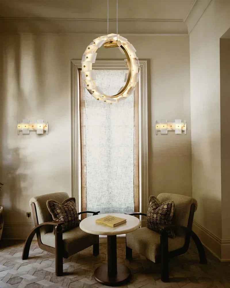 LightsStory Series Geometric Chandelier | Halo Ring Natural Alabaster panels with Antique Brass frame, Antique Brass finish for foyers and dining rooms Luxury Modern Chandelier