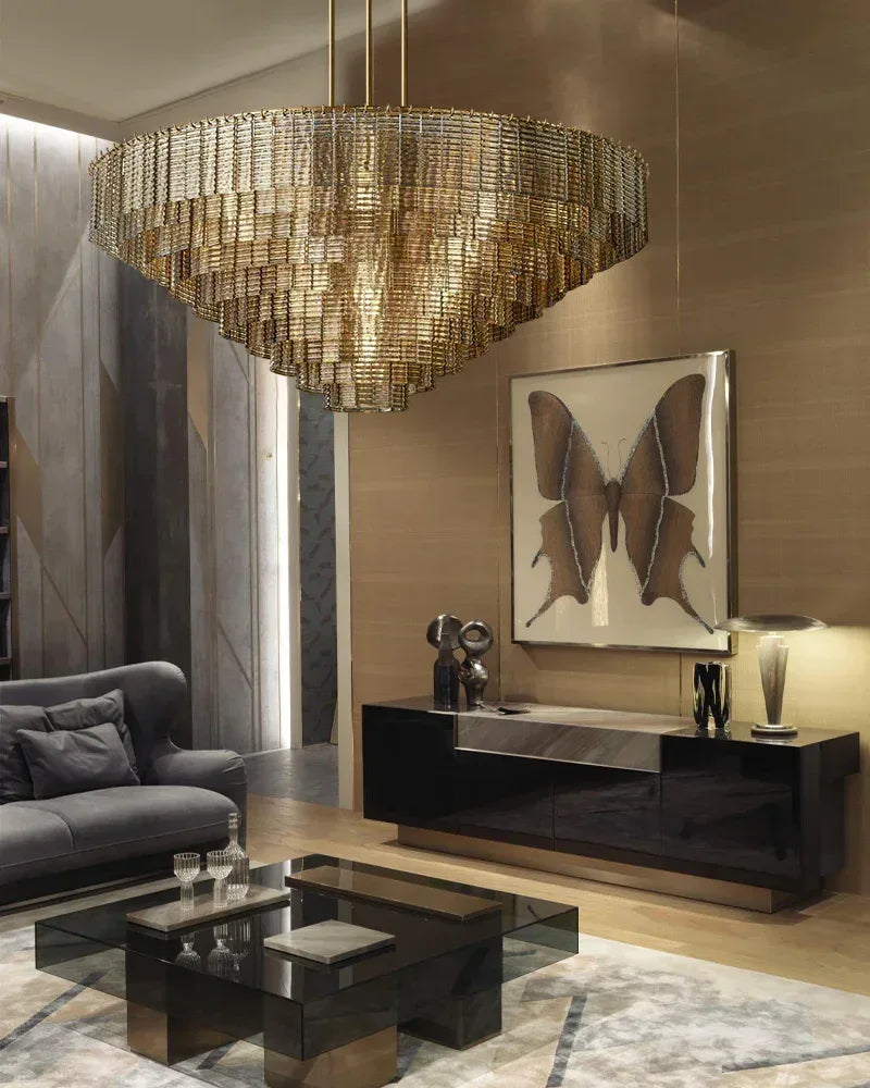 Clear & Smoke Ridged Glass Multi-Tire Large Rectanglular Sirene Chandelier Collection 40“ 48” 60" 70" American chandelier