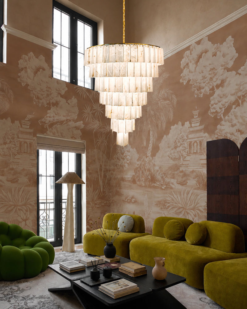 Linear Rectaggered Alabaster Panel Chandelier - Multi-layer Stone