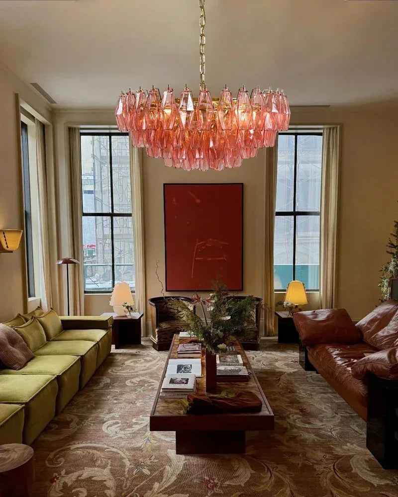 Cortina Series Cascading Chandelier | Round Polyhedron Handblown Murano Glass Polyhedrons, Antique Brass Satin for Grand Halls and Dining Rooms American Vintage chandelier lamp
