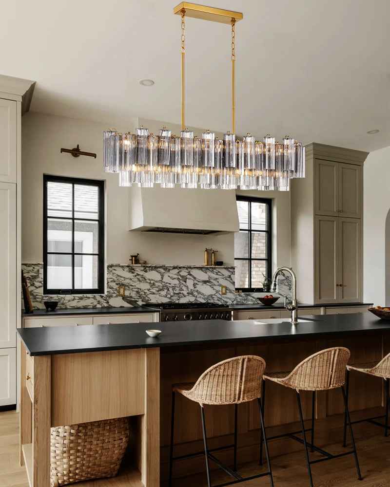 Cortina Series Prismatic Chandelier | Layered Glass Tubes Authentic Venetian Murano Glass, Aged Brass and Black Metal for Modern Dining Rooms and Living Areas Luxury Modern Chandelier