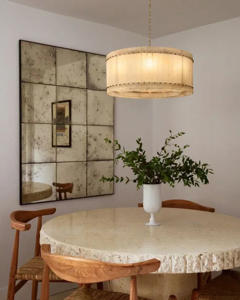 Val d’Isère Series Architectural Chandelier | Linear Tiered Hand-carved alabaster panels and mid-century steel, Mid-century steel finish for Dining rooms, foyers, and offices American Vintage chandelier lamp