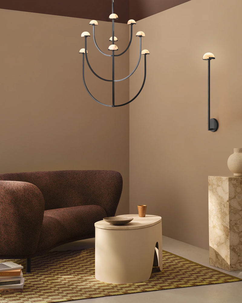 Alabaster Three-Tier Chandelier for Dining Room – Mid-Century Modern, Aged Brass & Black, Pedra Collection American chandelier