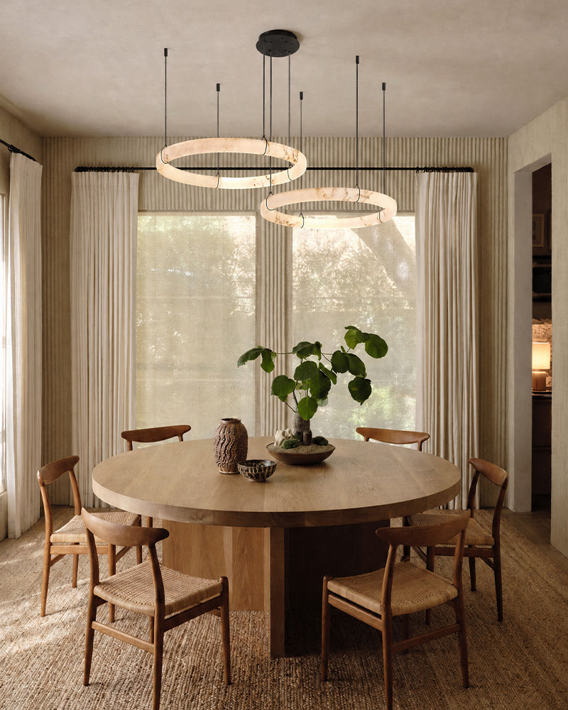 Alabaster Circular Halo Ring Cradled Arch Pendant Light - Natural Spanish Alabaster Rings, Serene Black Trim - Kitchens, Dining & Living Rooms