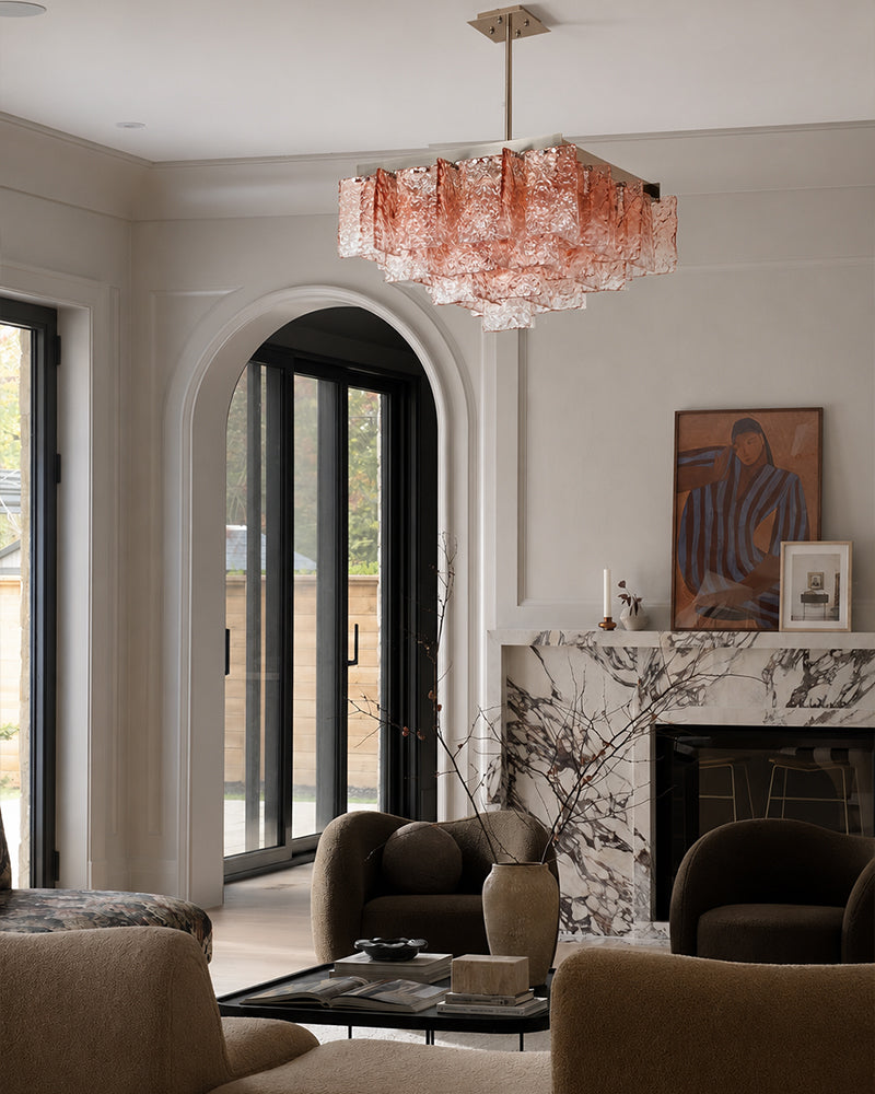 LightsStory Textured Glass Geometric Chandelier - Pink Glass Plate Installation