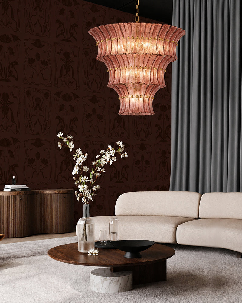 Ghiaccio Glass Blush Pink Prism Multi Tiered Waterfall Chandelier - Heritage Brass Trim - Living Room & Dining Room