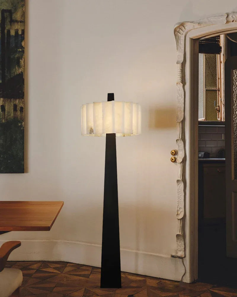 Artisanal Craftsmanship Alabaster Floor Lamp 65" Height | Black Stainless Base American standing floor lamp