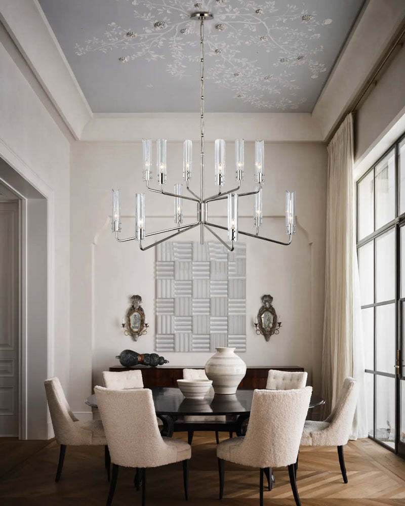 Brushed Chrome Metalwork Chandelier with Textured Slender Clear Glass Cylinders
