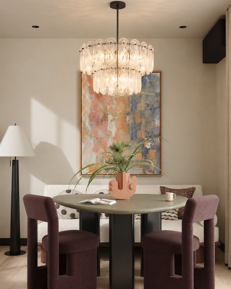 Etienne Glass Petal Double Tier Drum Pendant Light - Serene Black Trim - Living Rooms & Dining Rooms