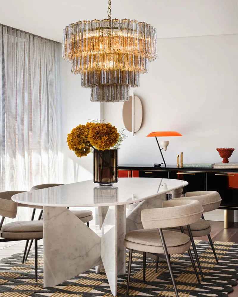 Cortina Series Cascading Chandelier | Multi-tiered Fluted Glass Handcrafted fluted smoked Murano-inspired glass, Satin brass structure for Grand entrances and dining rooms American chandelier