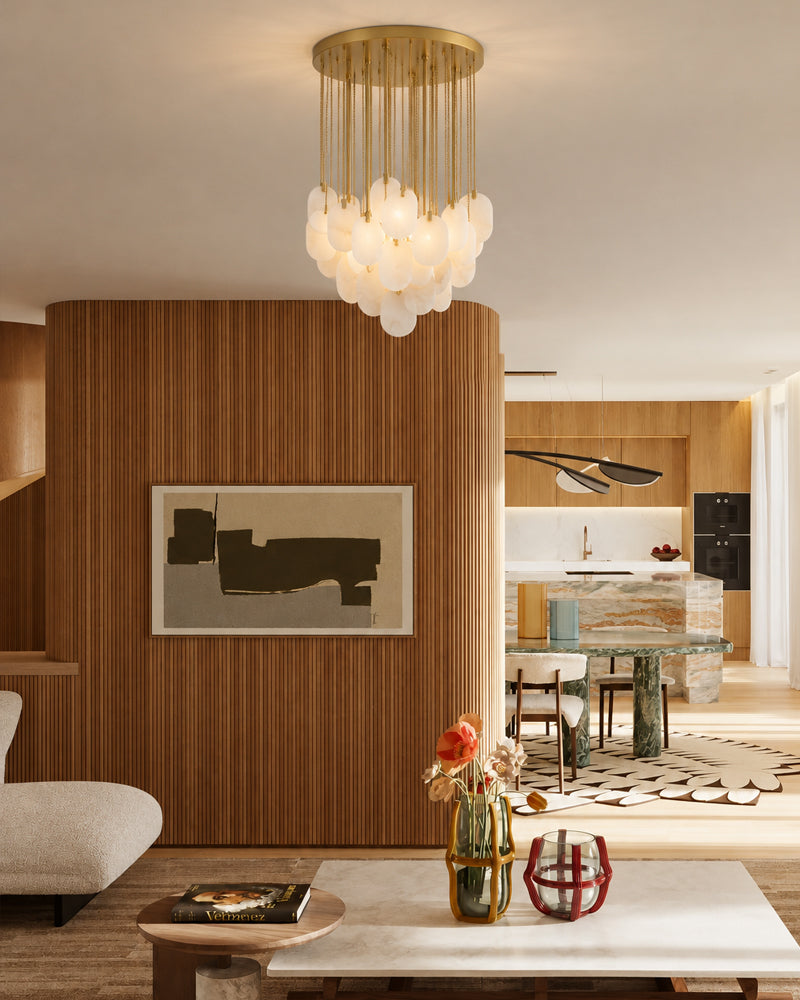 Fenwich Alabaster Gold Tag Cluster Pendant Light - Natural Spanish Alabaster Panels, Lux Gold Trim - Dining Rooms & Living Rooms