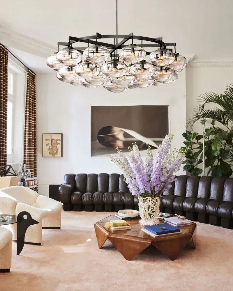 Vence Series Prismatic Chandelier | Round Clear Glass Shades with Freeform Black Cords, Polished canopy with black cord contrast for Living Rooms and Dining Areas American Vintage chandelier lamp