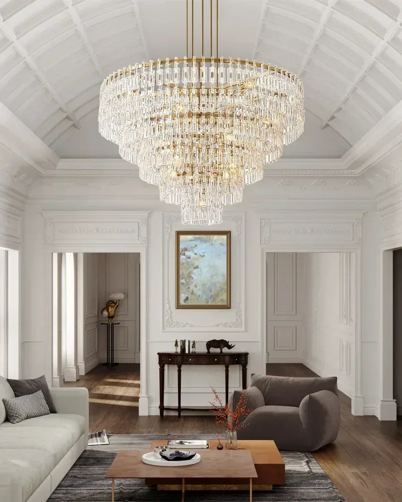 Montreux Series Cascading Chandelier | Four-Tier Round Hand-Set Prismatic Crystals & Interlocking Steel, Premium Gold or Matte Black for Grand Entryways, Dining Areas, and Living Rooms American chandelier