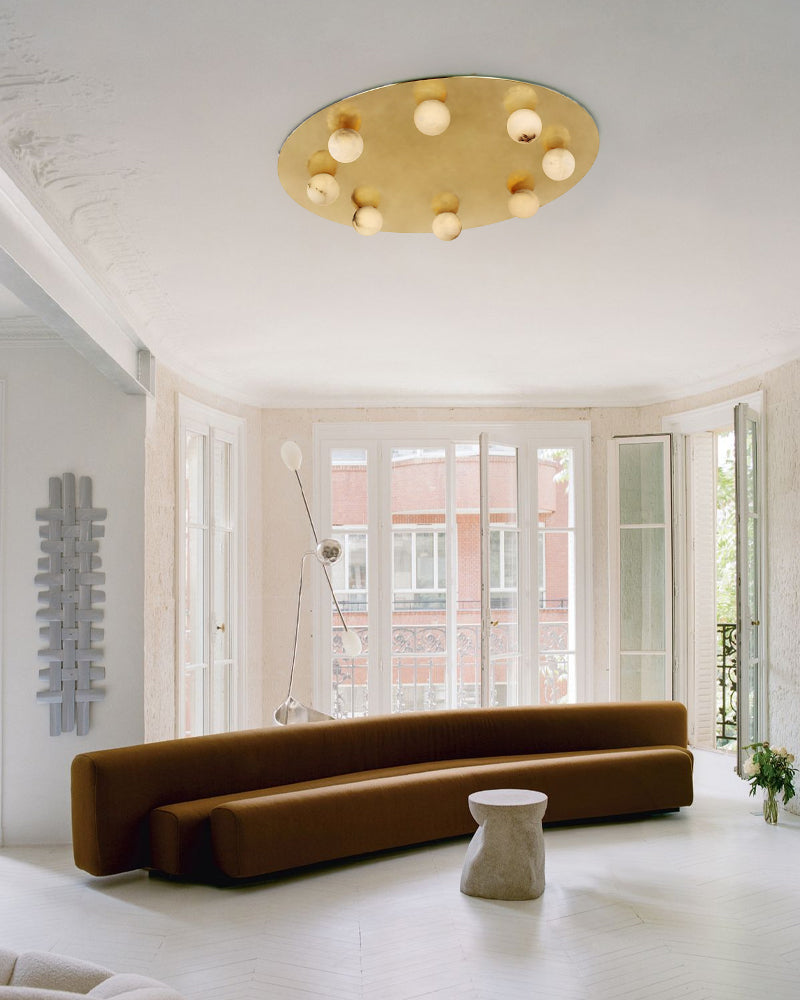 Minimalist Disc Pendant Light Hammered Finish White Hand Blown Alabaster Globe For Sale