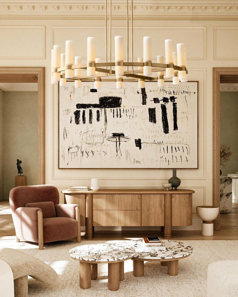 Modern living room with a chandelier
