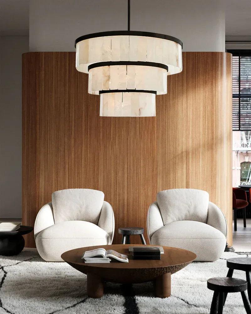 Handcrafted Windham Alabaster Tier Round Chandelier In Brass/Black Finish American chandelier